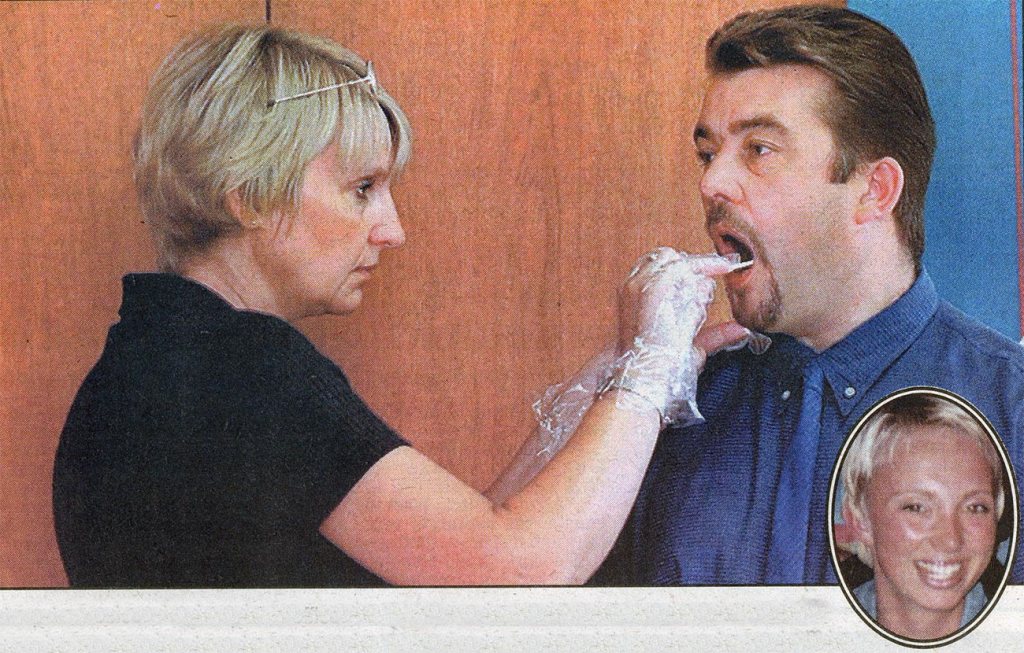 UNIQUE PROFILE... A police officer demonstrates how a sample of DNA is taken from a mouth swab which could help detectives trap the killer of student Sara Cameron, inset...